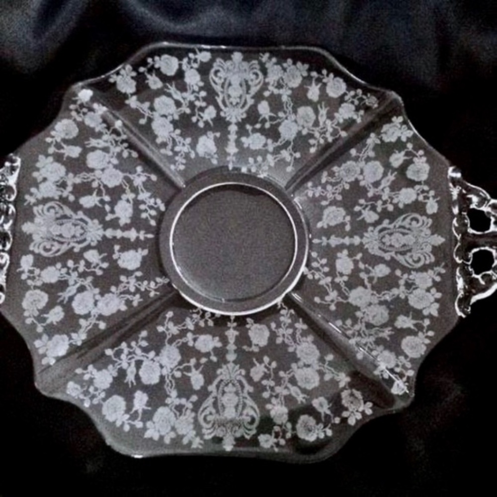 💲SALE💲Vintage Cambridge Rose Point Etched Clear Crystal Large 14" Handled Tray